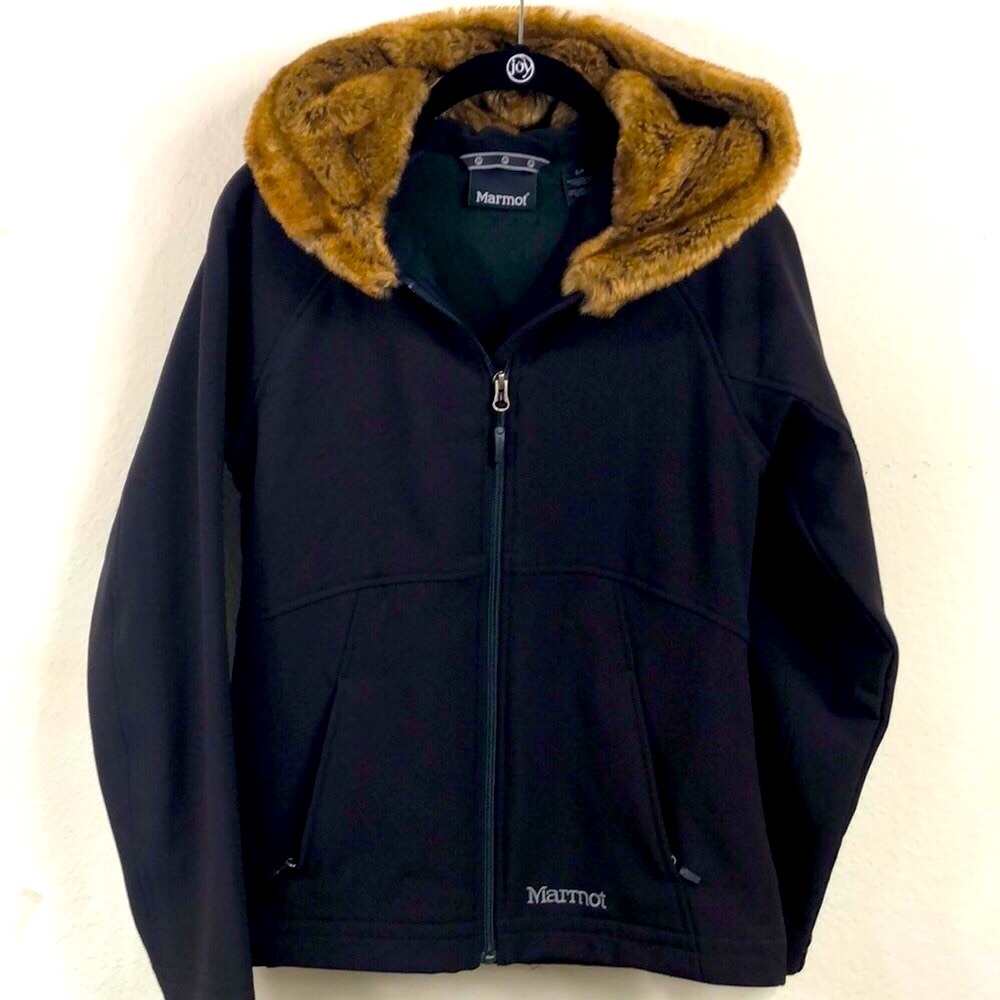 Marmot faux fur hooded full zip lined soft shell jacket Small brown Snow Outdoor